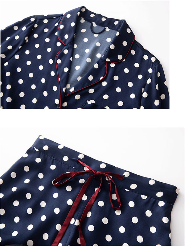 19 Momme White Polka Dots Print Navy Blue Long Silk Pajama Set