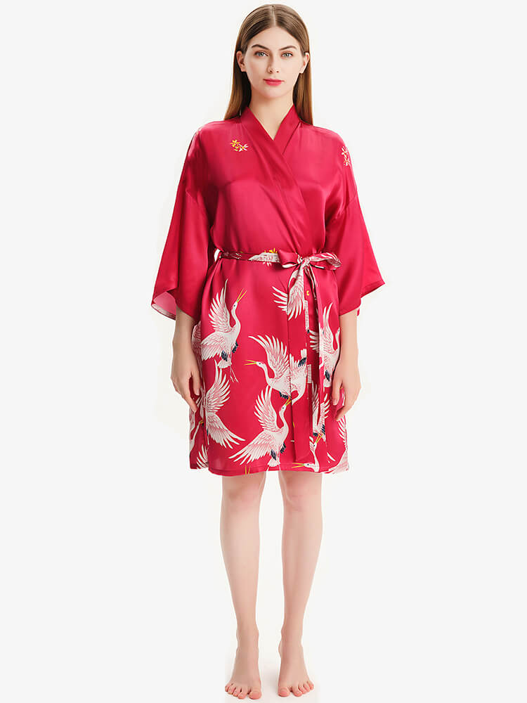 Hand Painted Red Crane Short Silk Kimono Robe