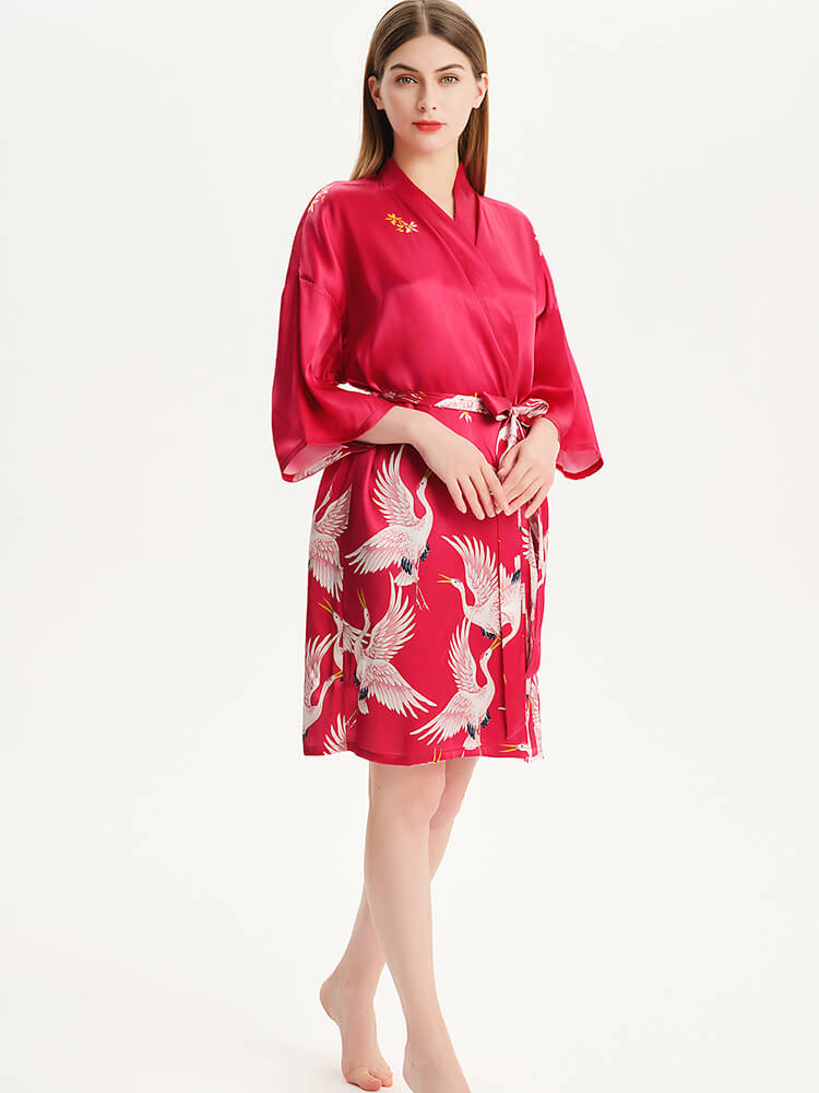 Hand Painted Red Crane Short Silk Kimono Robe