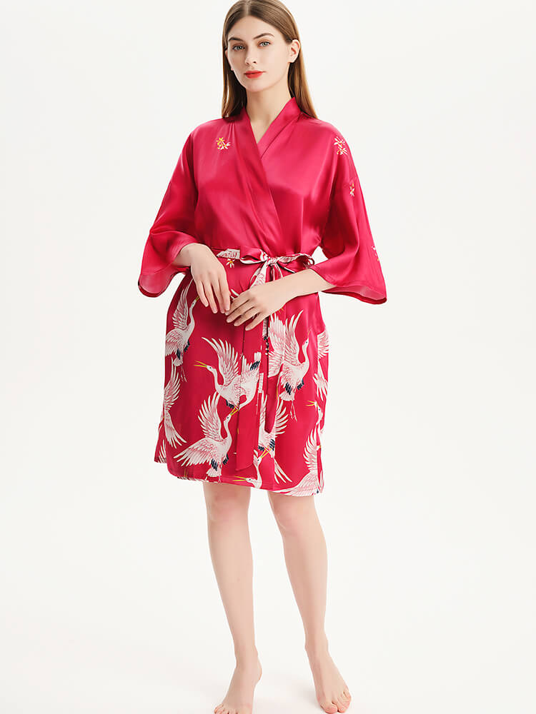 Hand Painted Red Crane Short Silk Kimono Robe