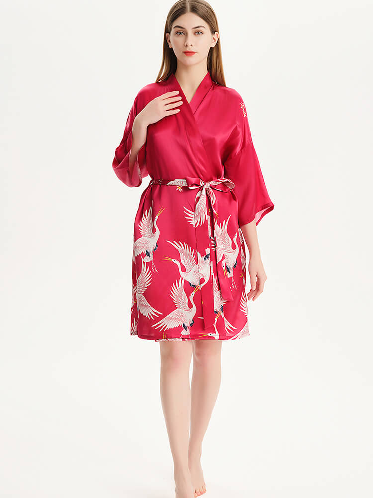 Hand Painted Red Crane Short Silk Kimono Robe