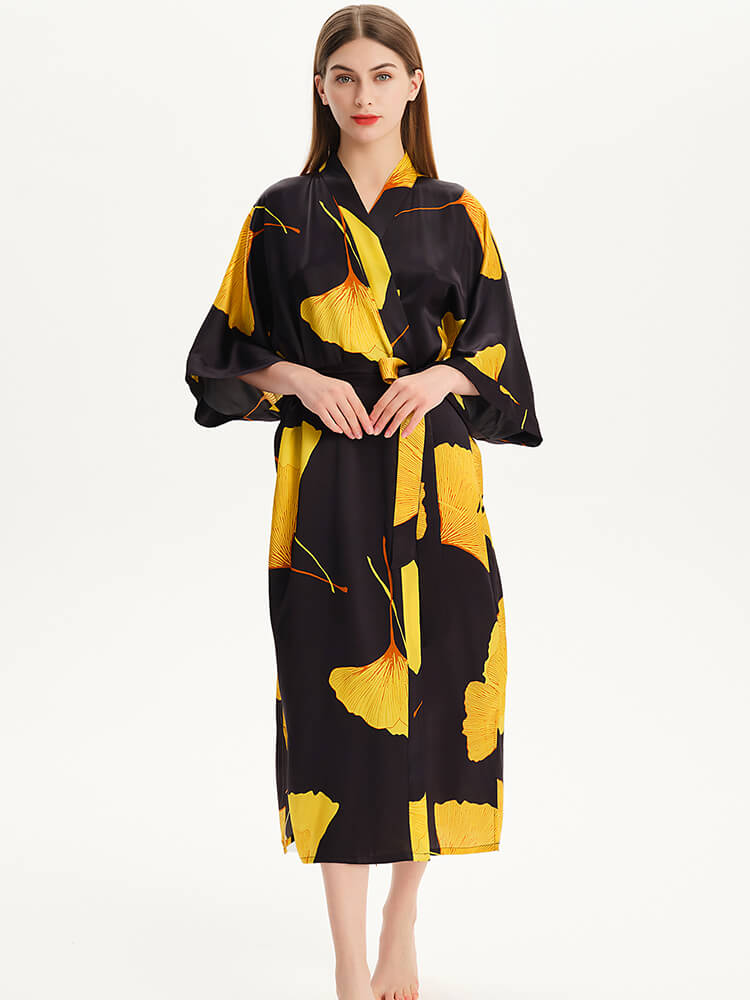 19 Momme Black Leaf Print Long Silk Kimono Robe