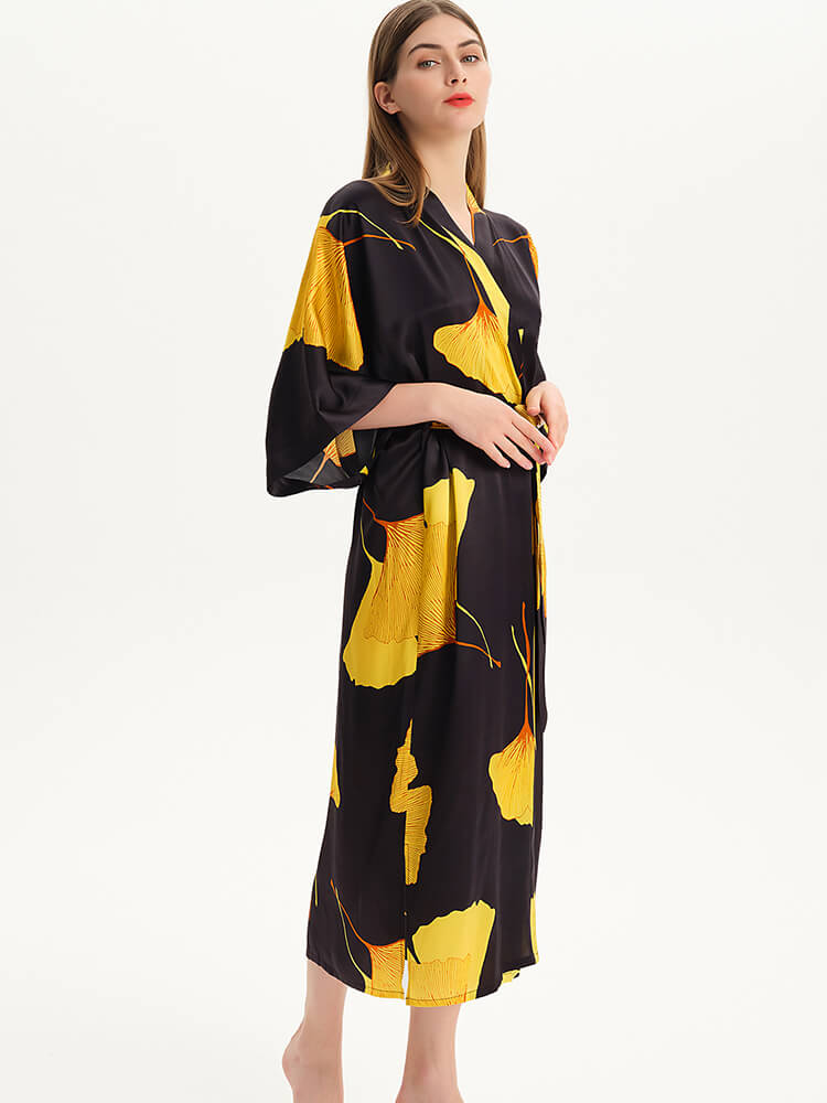 19 Momme Black Leaf Print Long Silk Kimono Robe