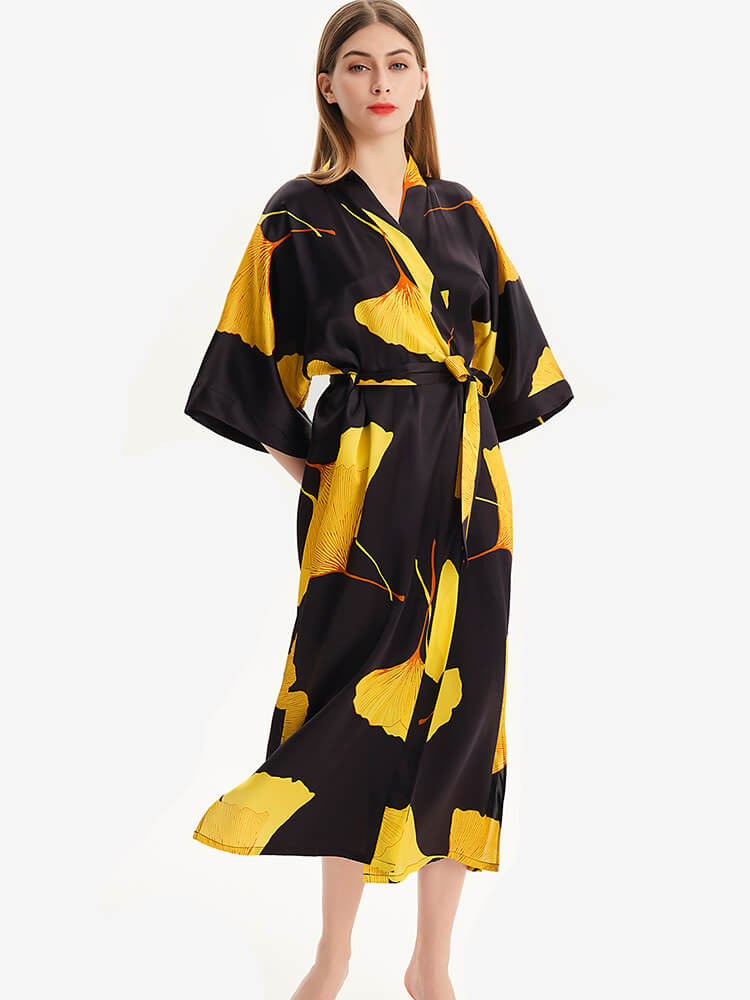 19 Momme Black Leaf Print Long Silk Kimono Robe