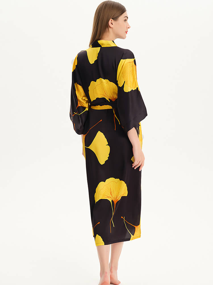 Hand Painted Gold Gingko Leave Black Long Silk Kimono Robe