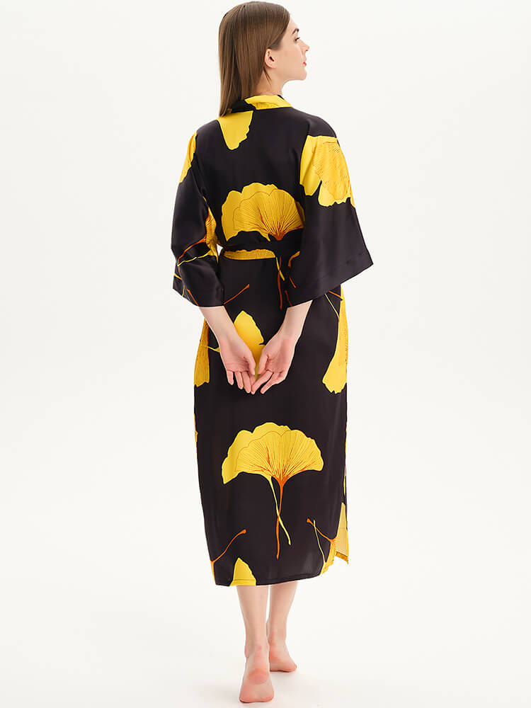 19 Momme Black Leaf Print Long Silk Kimono Robe