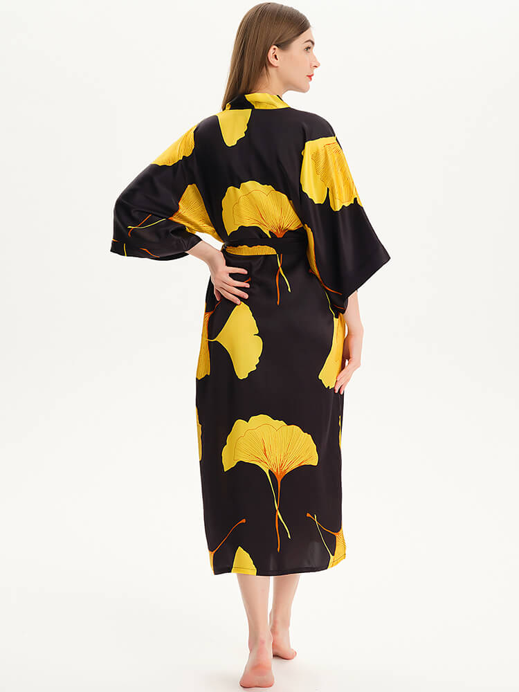 19 Momme Black Leaf Print Long Silk Kimono Robe