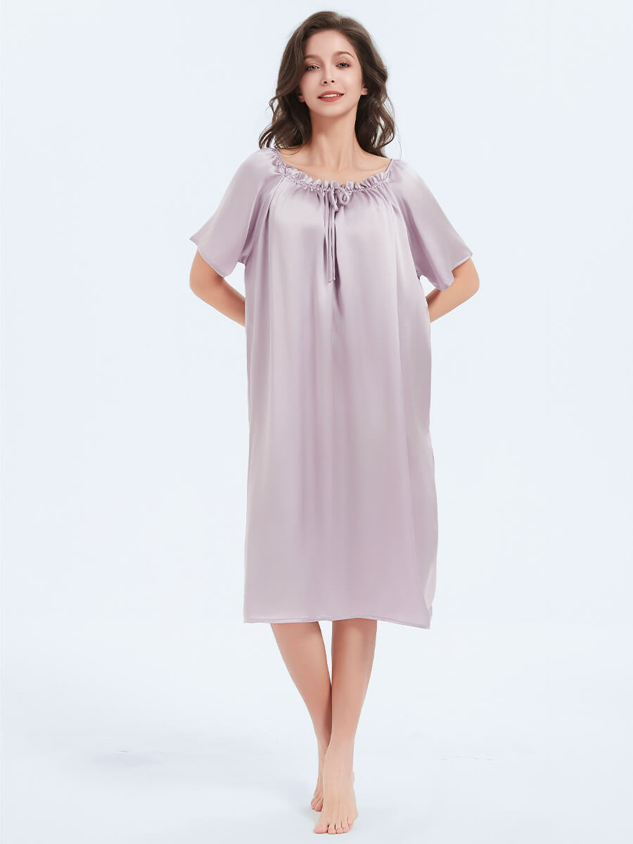 19 Momme Loose Fit Short Sleeved Pleated Midi Silk Nightgown