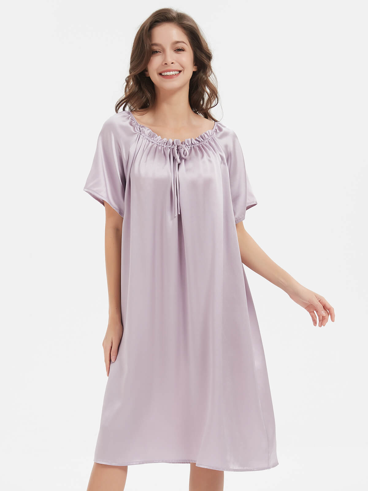 19 Momme Loose Fit Short Sleeved Pleated Midi Silk Nightgown