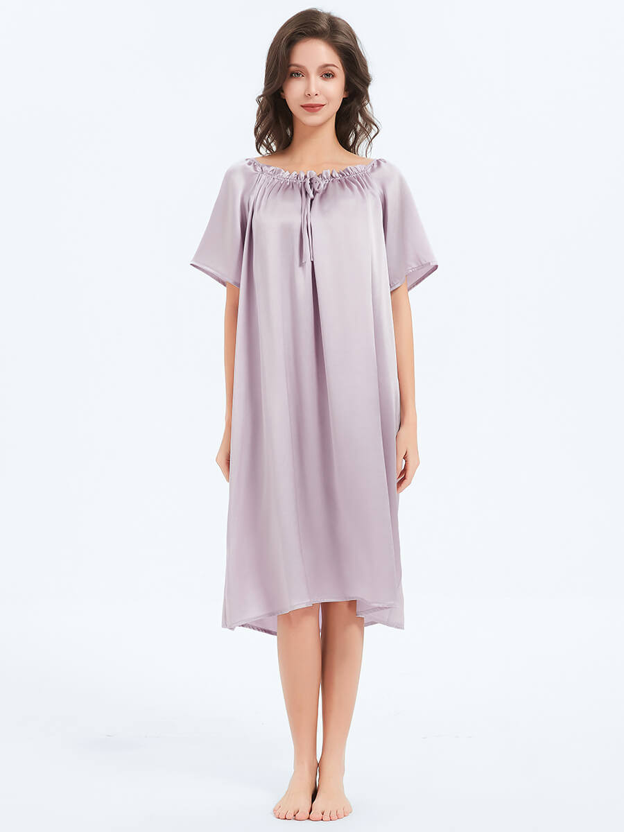 19 Momme Loose Fit Short Sleeved Pleated Midi Silk Nightgown