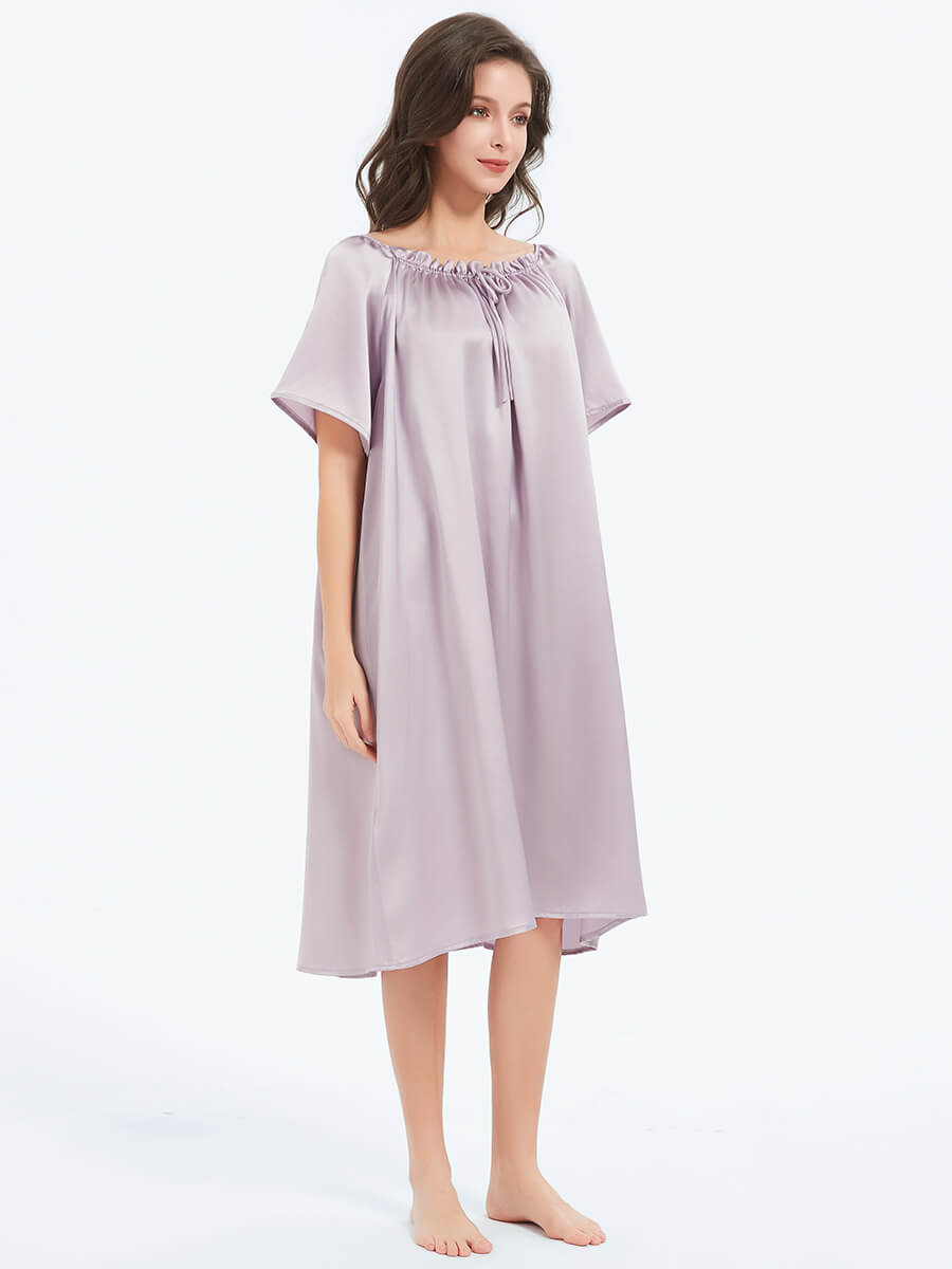 19 Momme Loose Fit Short Sleeved Pleated Midi Silk Nightgown