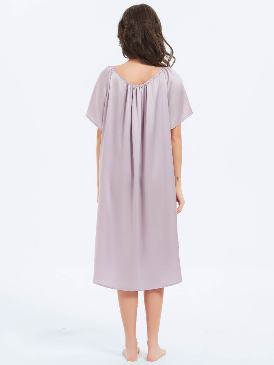 19 Momme Loose Fit Short Sleeved Pleated Midi Silk Nightgown