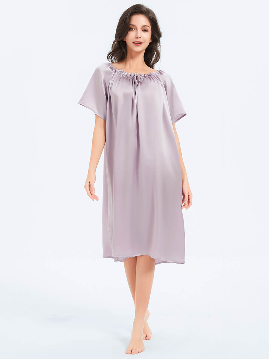 19 Momme Loose Fit Short Sleeved Pleated Midi Silk Nightgown