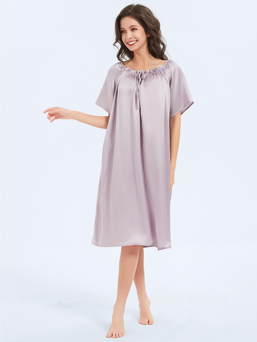 19 Momme Loose Fit Short Sleeved Pleated Midi Silk Nightgown