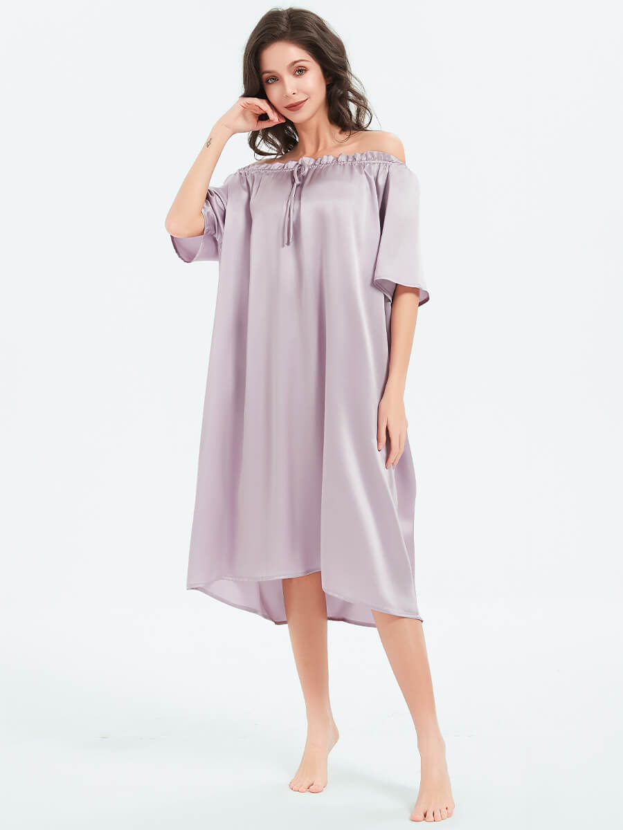 19 Momme Loose Fit Short Sleeved Pleated Midi Silk Nightgown