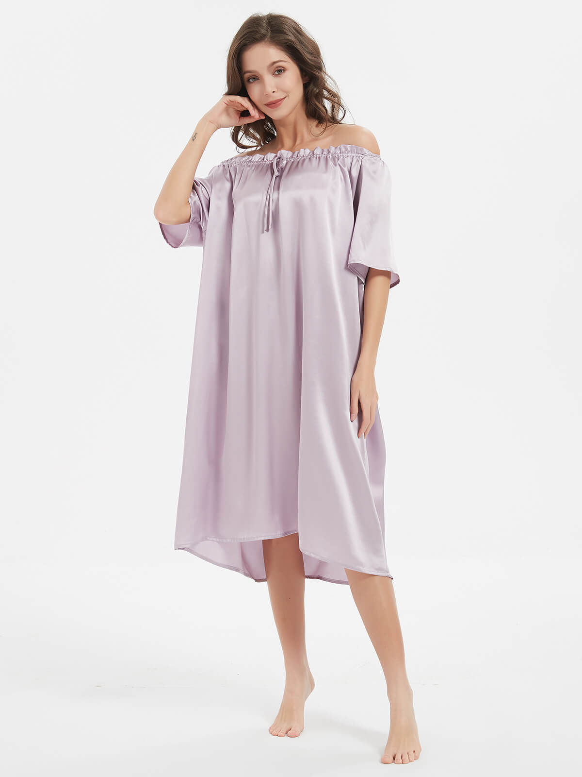 19 Momme Loose Fit Short Sleeved Pleated Midi Silk Nightgown