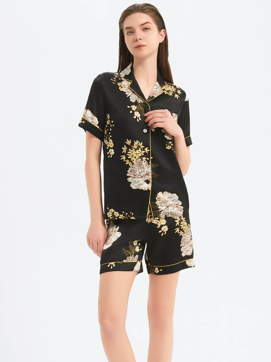 22 Momme Black Floral Printed Silk Pajama Shorts Set