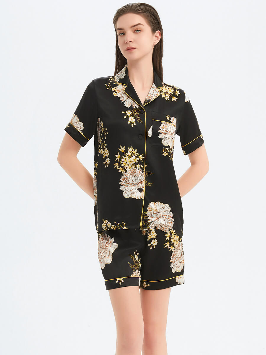 22 Momme Black Floral Printed Silk Pajama Shorts Set
