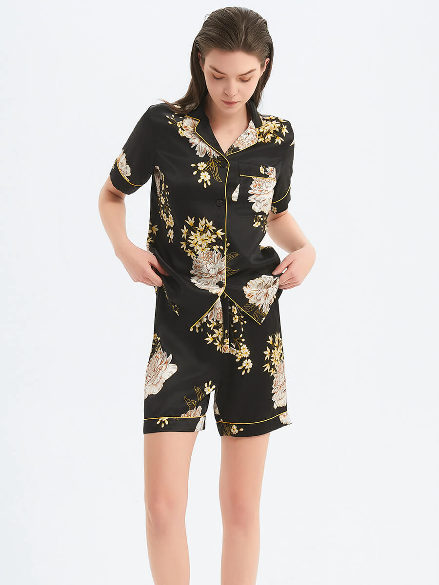 22 Momme Black Floral Printed Silk Pajama Shorts Set