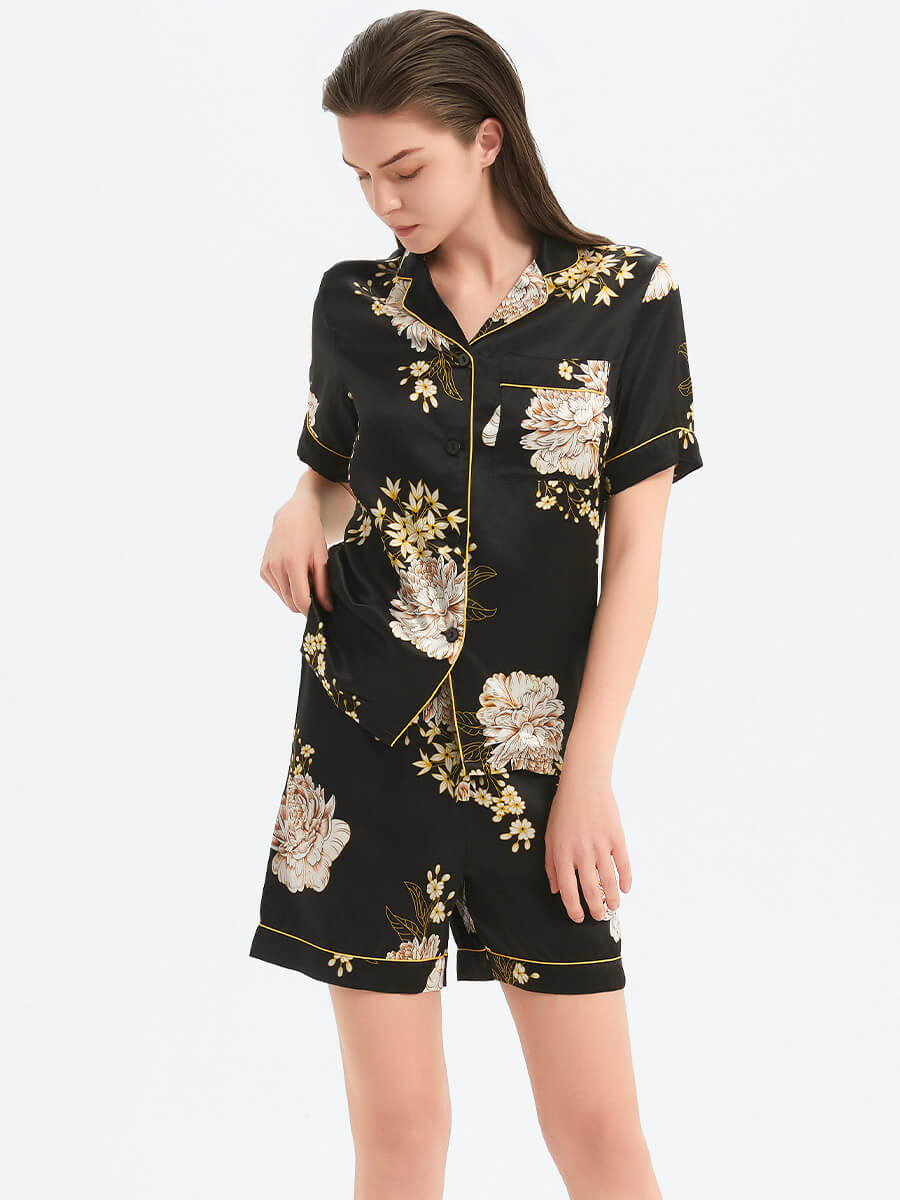 22 Momme Black Floral Printed Silk Pajama Shorts Set