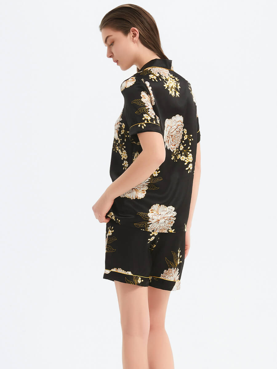 22 Momme Black Floral Printed Silk Pajama Shorts Set