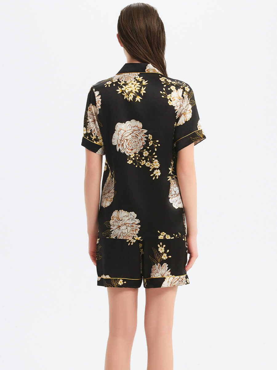 22 Momme Black Floral Printed Silk Pajama Shorts Set