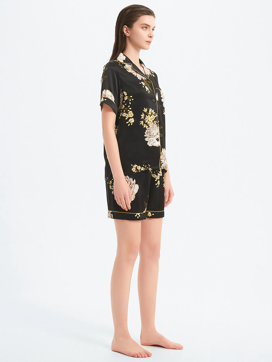 22 Momme Black Floral Printed Silk Pajama Shorts Set