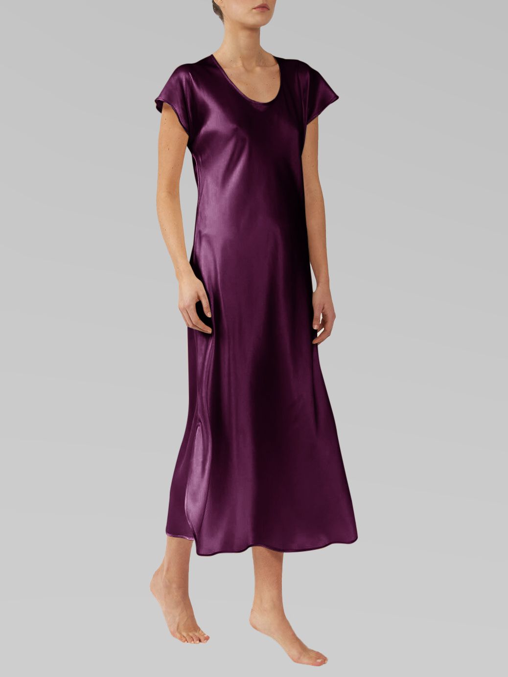 Luxury Cap Sleeve Round Neck Long Silk Nightdress with Slits