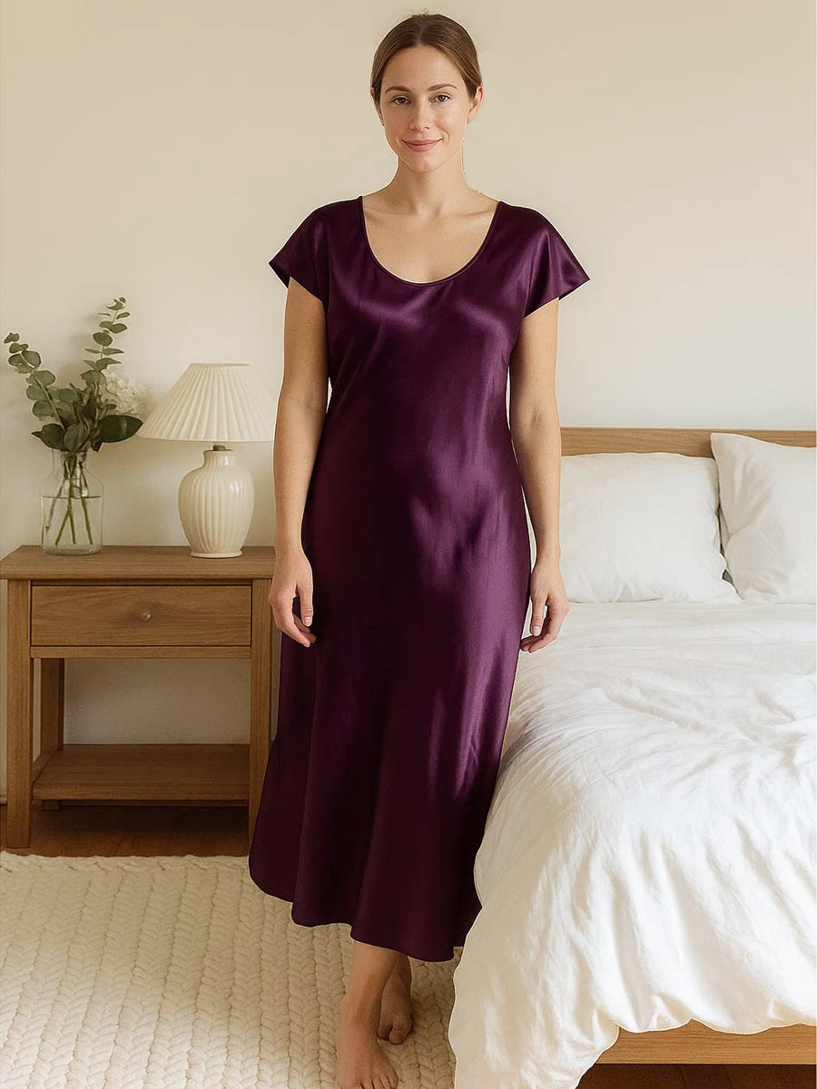 22 Momme Scoop Neck Modest Long Silk Nightgown with Cap Sleeves