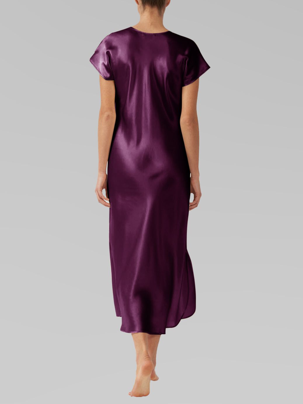Luxury Cap Sleeve Round Neck Long Silk Nightdress with Slits