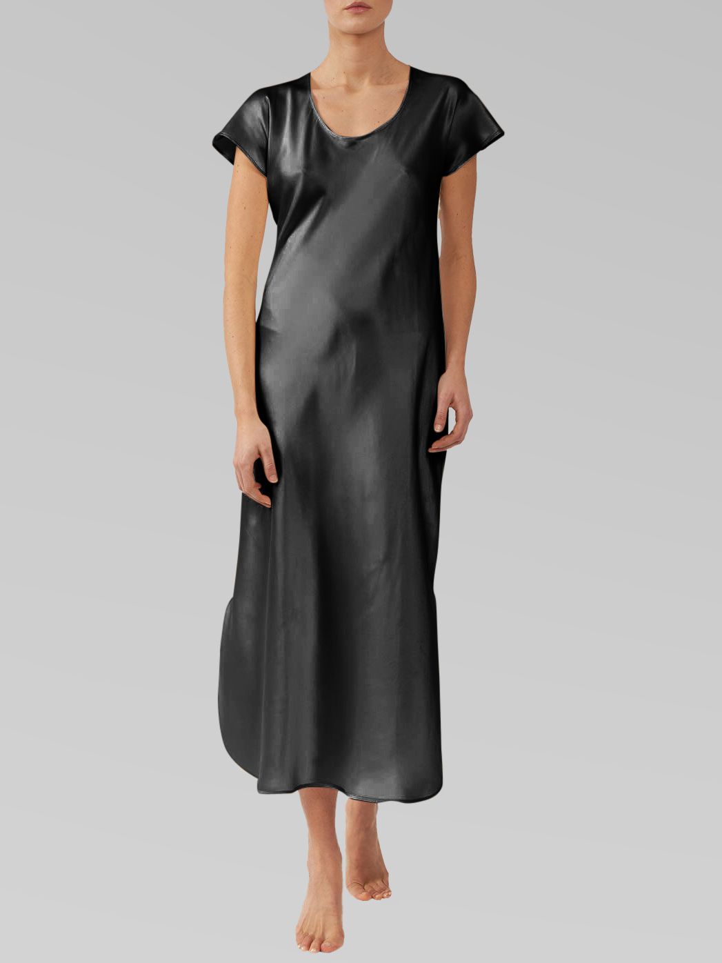 Luxury Cap Sleeve Round Neck Long Silk Nightdress with Slits
