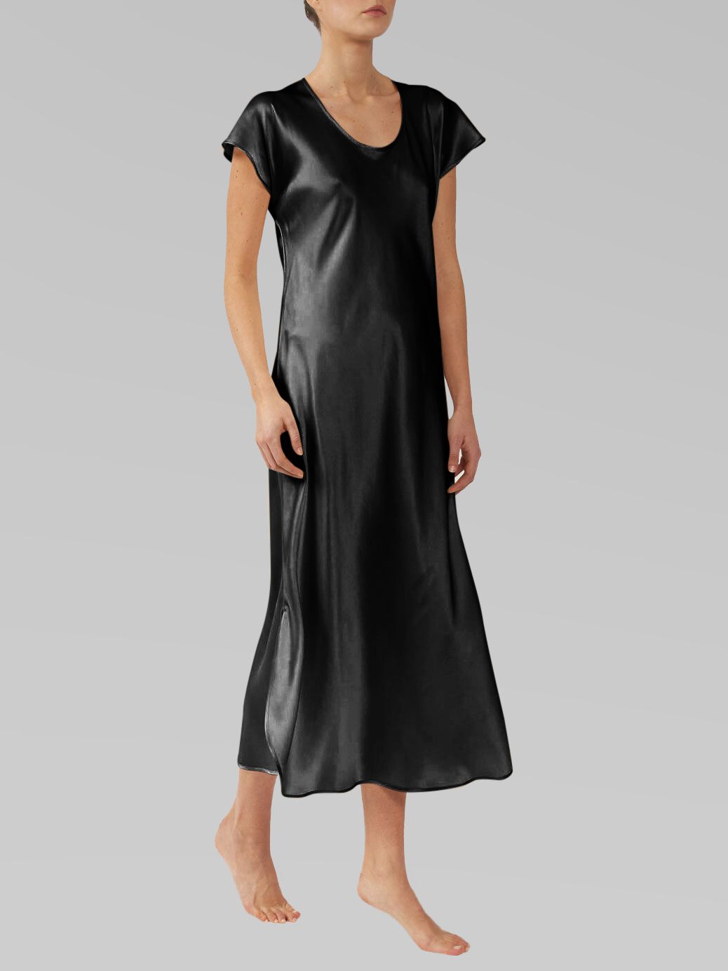 Luxury Cap Sleeve Round Neck Long Silk Nightdress with Slits