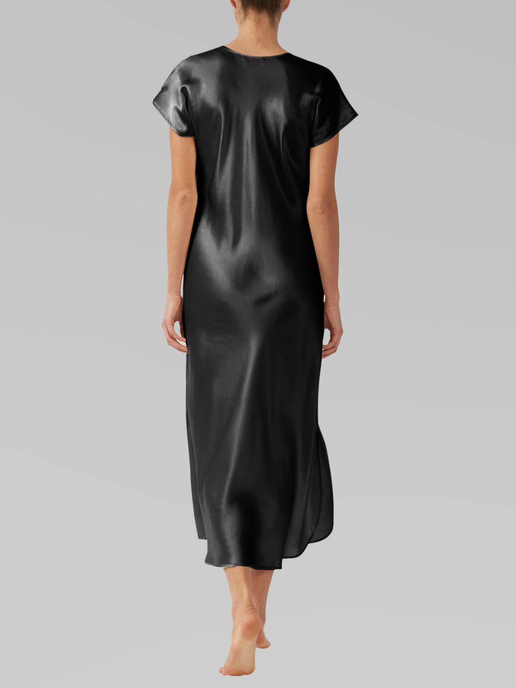 Luxury Cap Sleeve Round Neck Long Silk Nightdress with Slits
