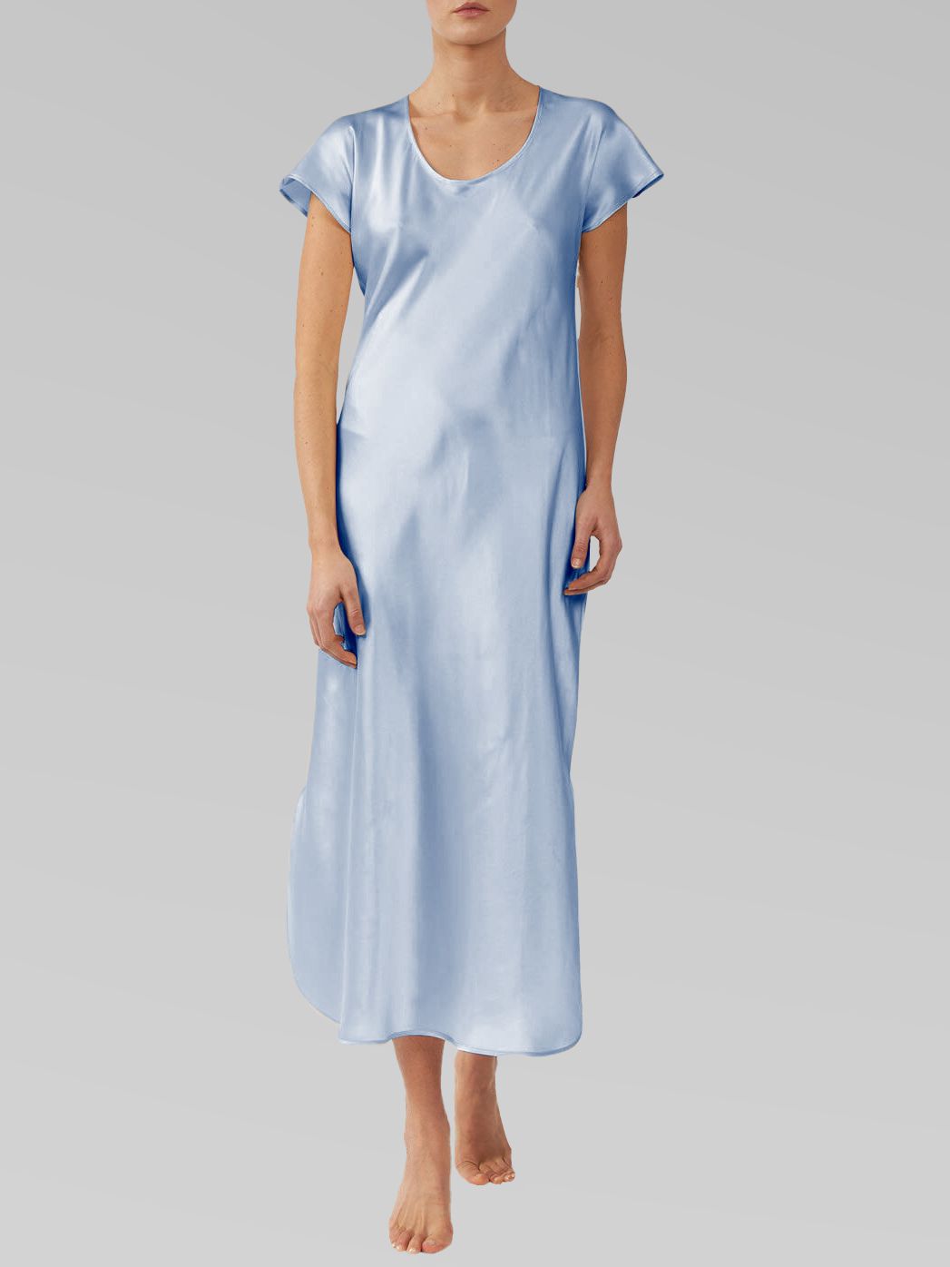 Luxury Cap Sleeve Round Neck Long Silk Nightdress with Slits