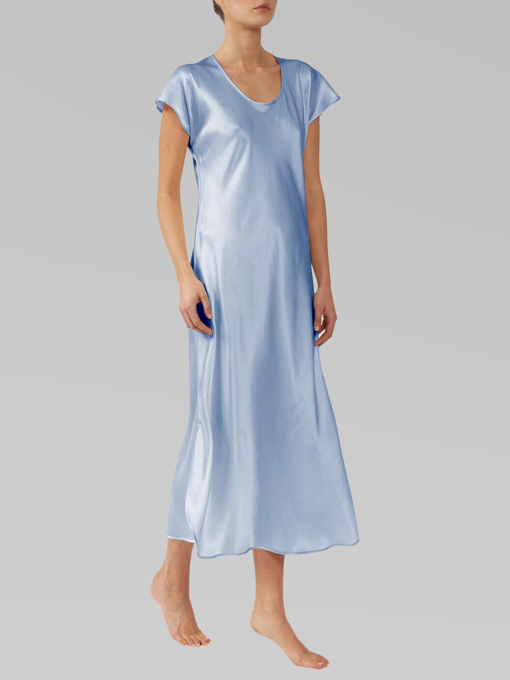 Luxury Cap Sleeve Round Neck Long Silk Nightdress with Slits