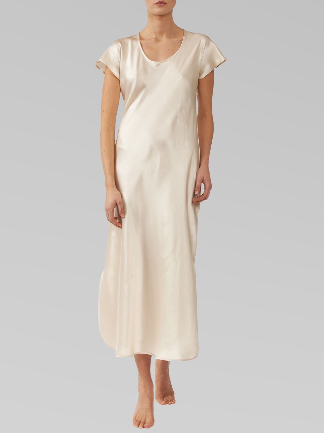 Luxury Cap Sleeve Round Neck Long Silk Nightdress with Slits