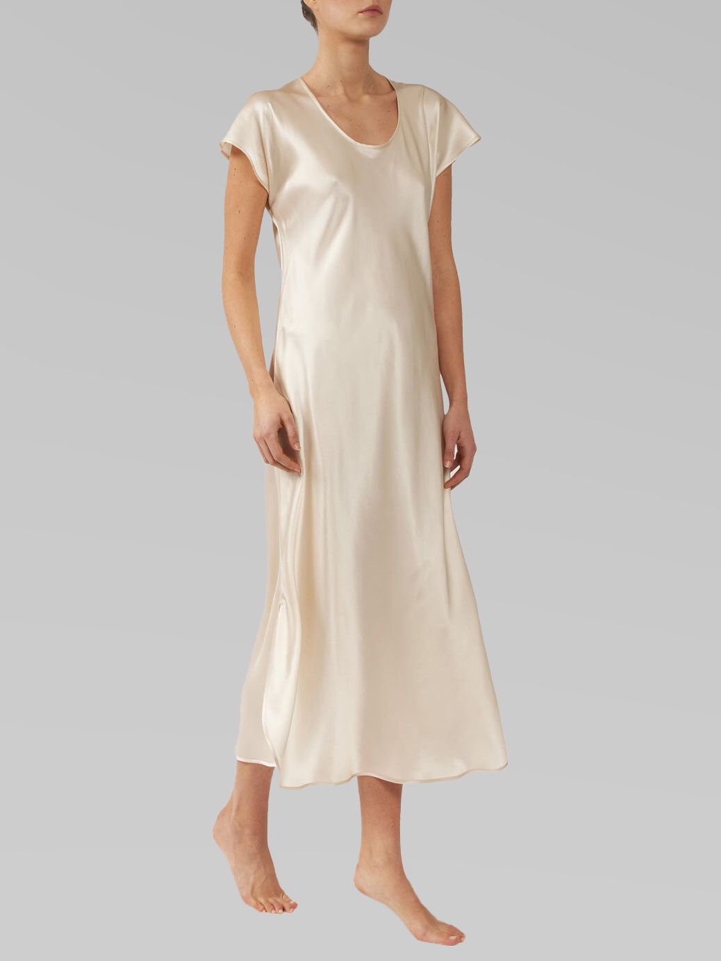 Luxury Cap Sleeve Round Neck Long Silk Nightdress with Slits