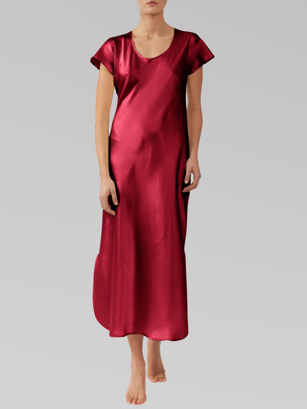 Luxury Cap Sleeve Round Neck Long Silk Nightdress with Slits