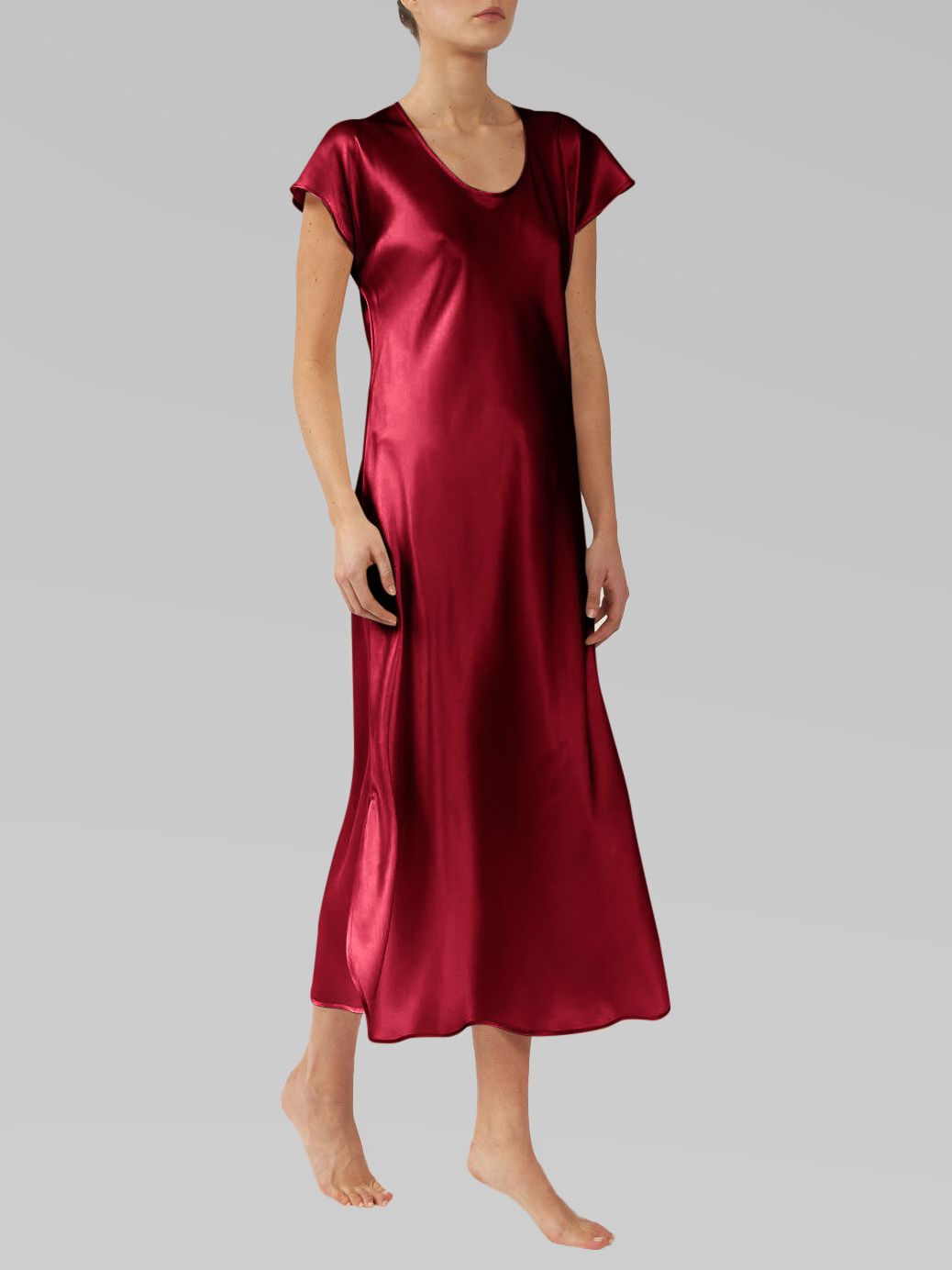 Luxury Cap Sleeve Round Neck Long Silk Nightdress with Slits
