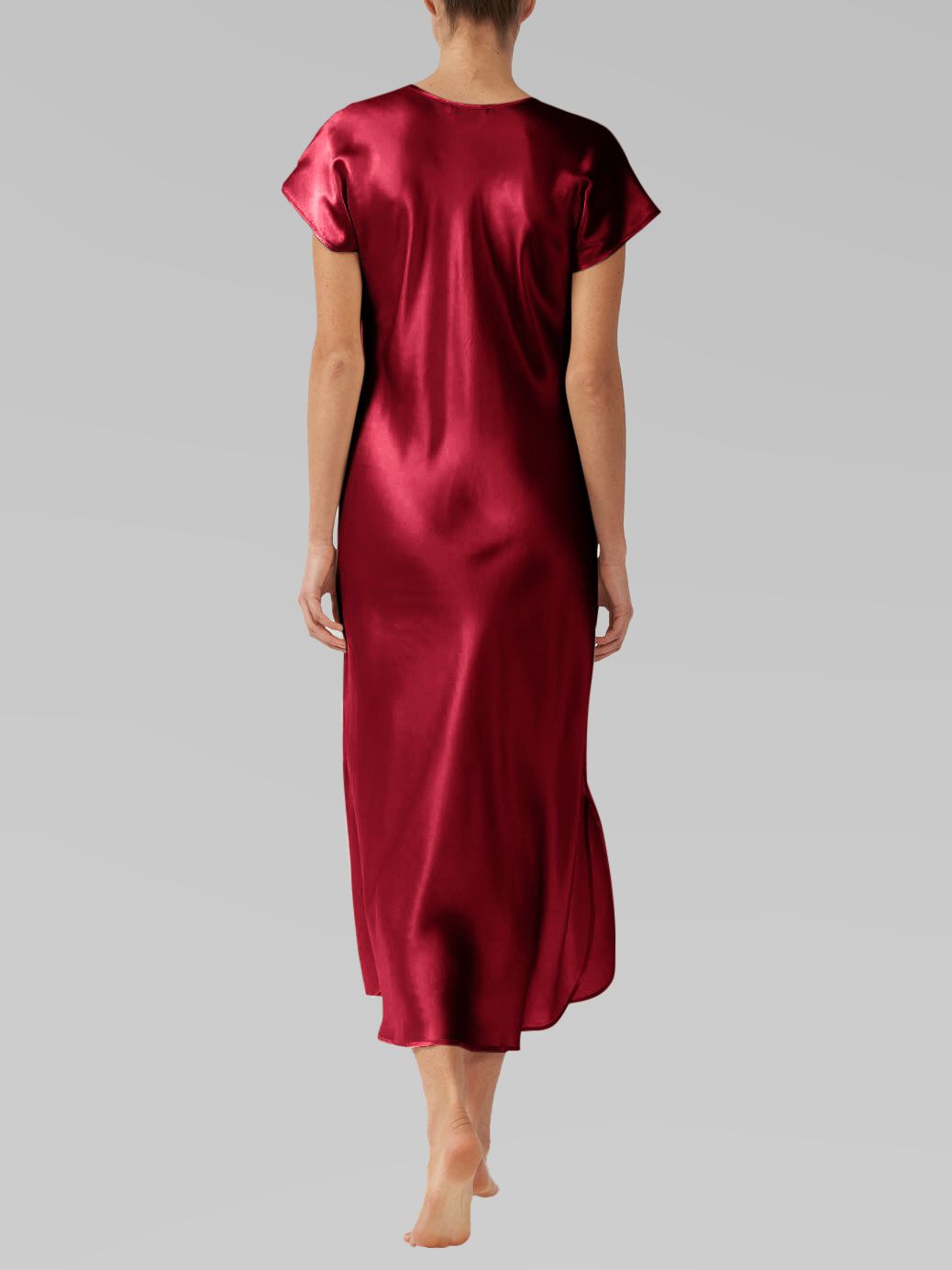Luxury Cap Sleeve Round Neck Long Silk Nightdress with Slits