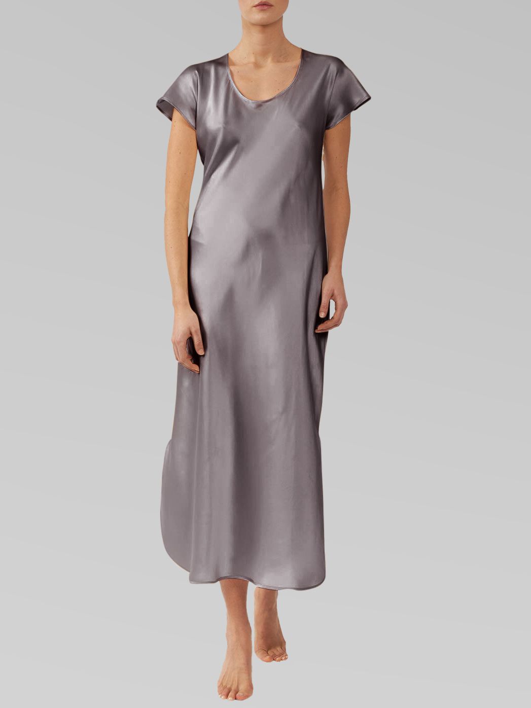 Luxury Cap Sleeve Round Neck Long Silk Nightdress with Slits