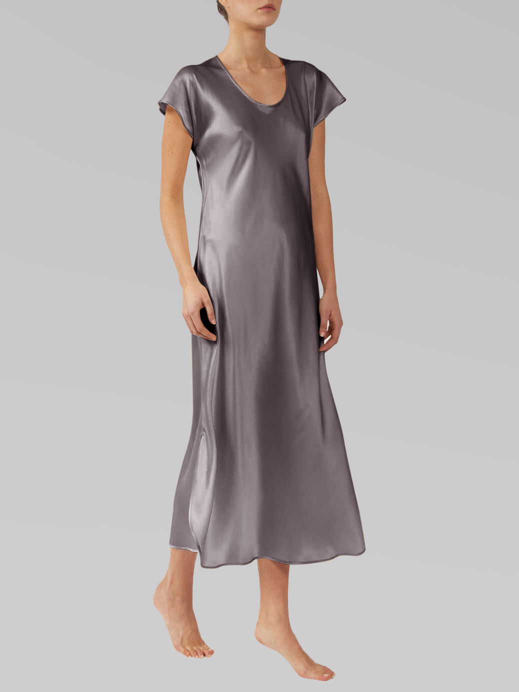 Luxury Cap Sleeve Round Neck Long Silk Nightdress with Slits