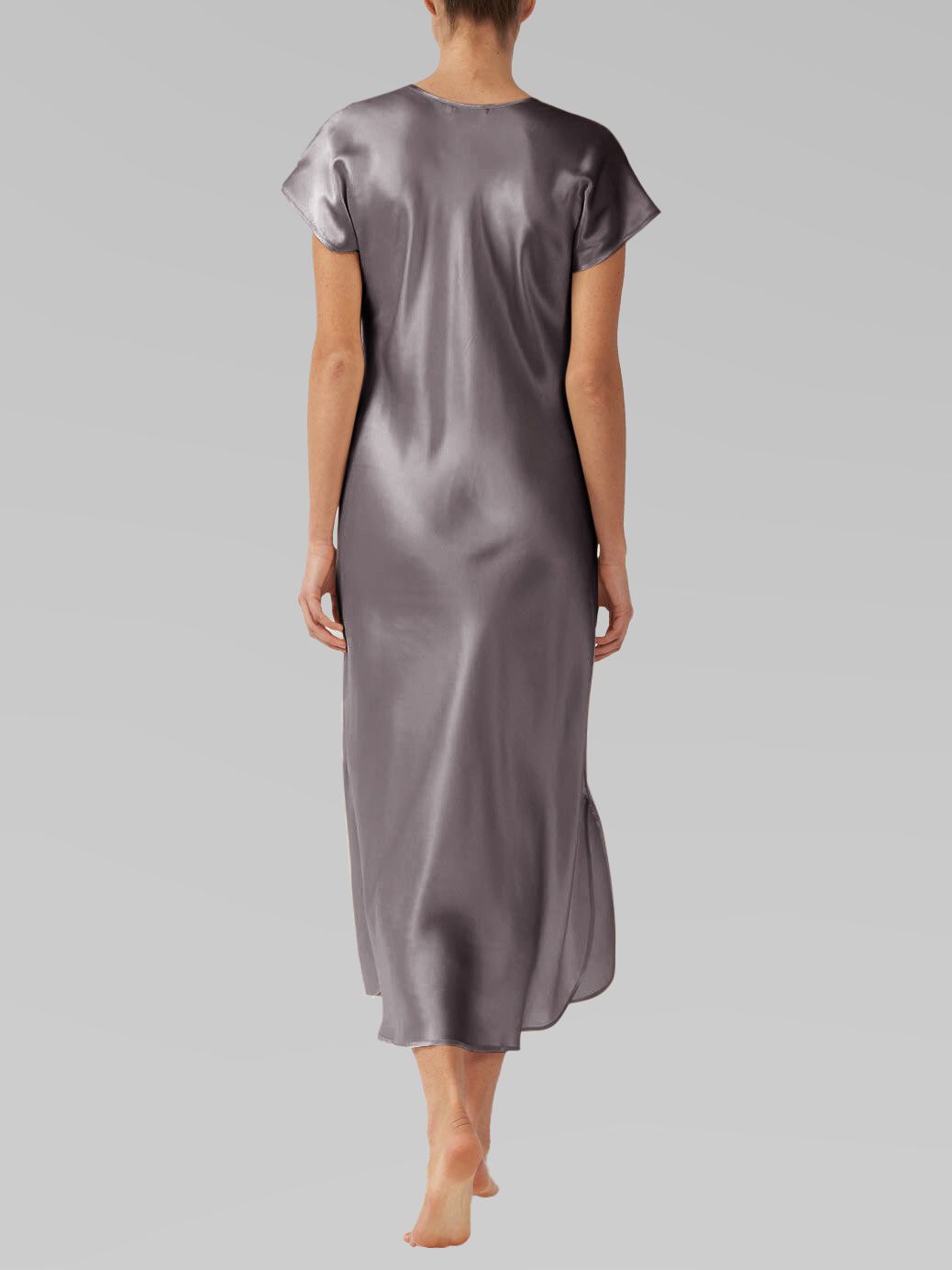 Luxury Cap Sleeve Round Neck Long Silk Nightdress with Slits