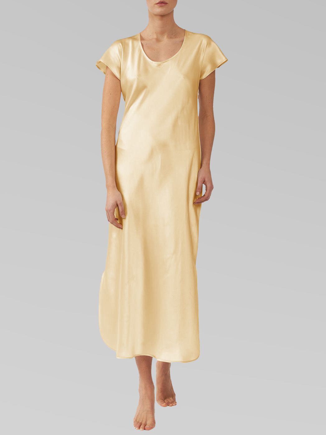 Luxury Cap Sleeve Round Neck Long Silk Nightdress with Slits