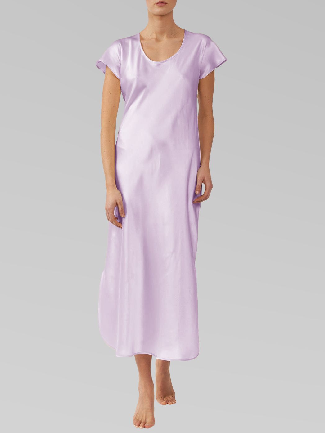 Luxury Cap Sleeve Round Neck Long Silk Nightdress with Slits
