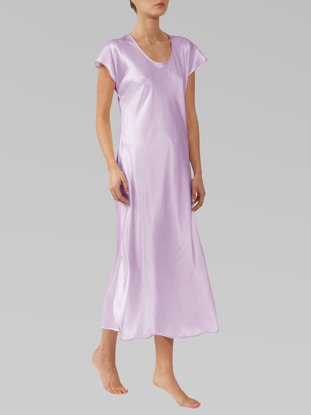 Luxury Cap Sleeve Round Neck Long Silk Nightdress with Slits