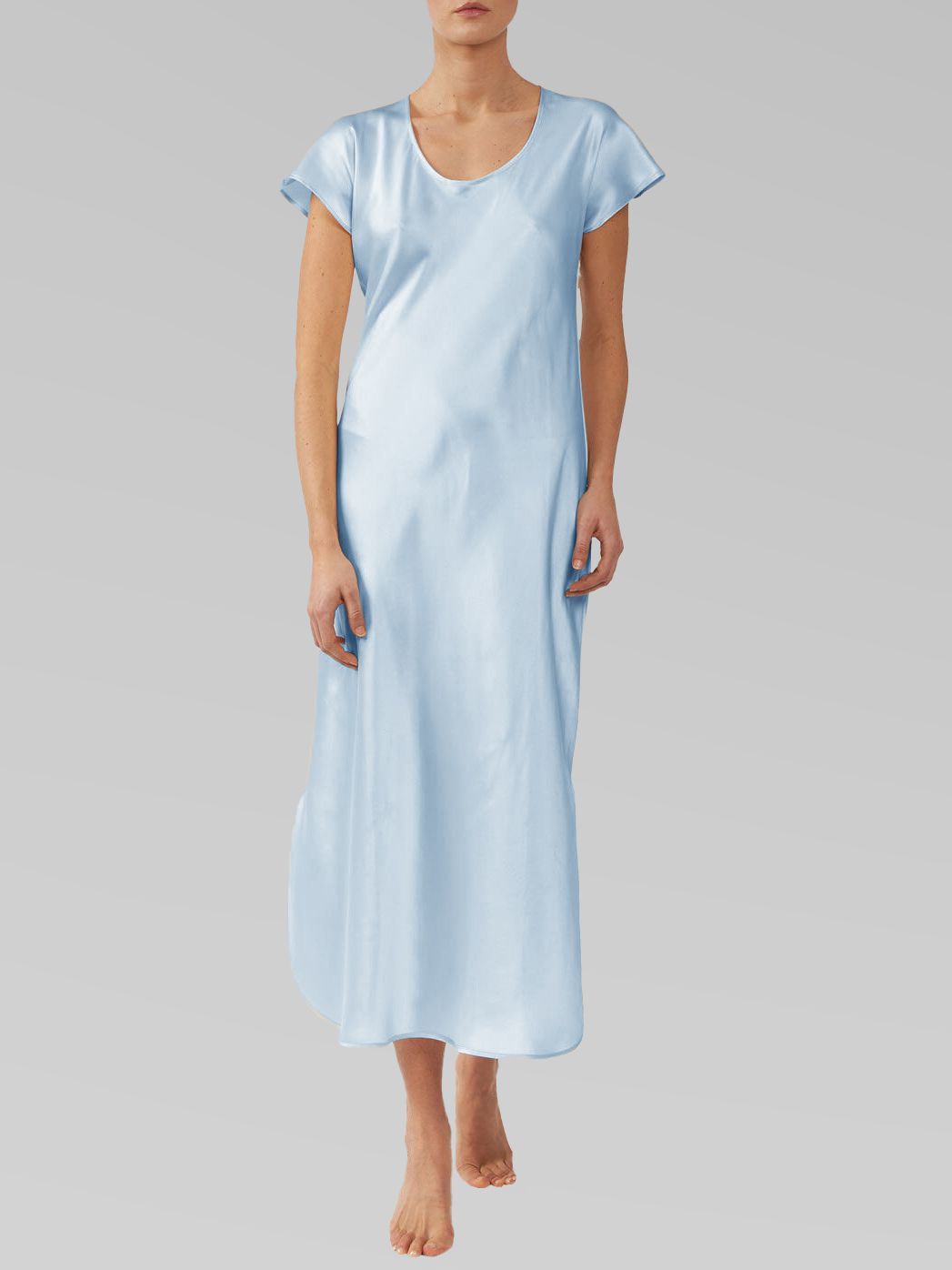 Luxury Cap Sleeve Round Neck Long Silk Nightdress with Slits