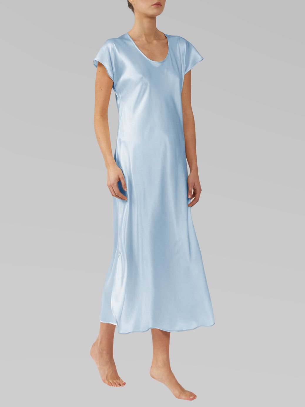 Luxury Cap Sleeve Round Neck Long Silk Nightdress with Slits