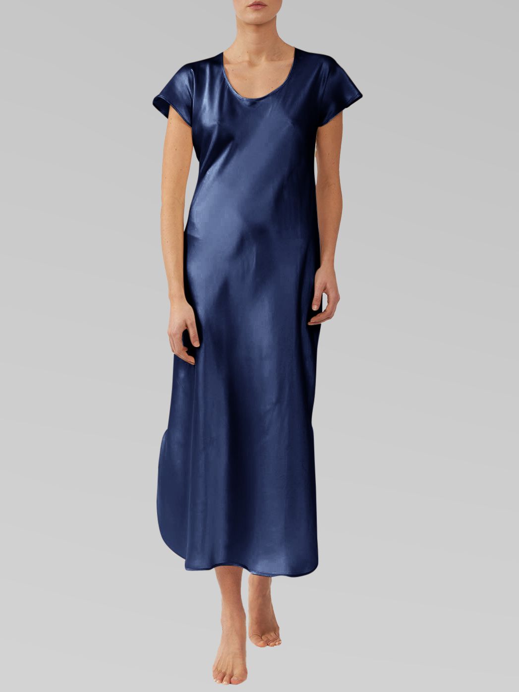 Luxury Cap Sleeve Round Neck Long Silk Nightdress with Slits