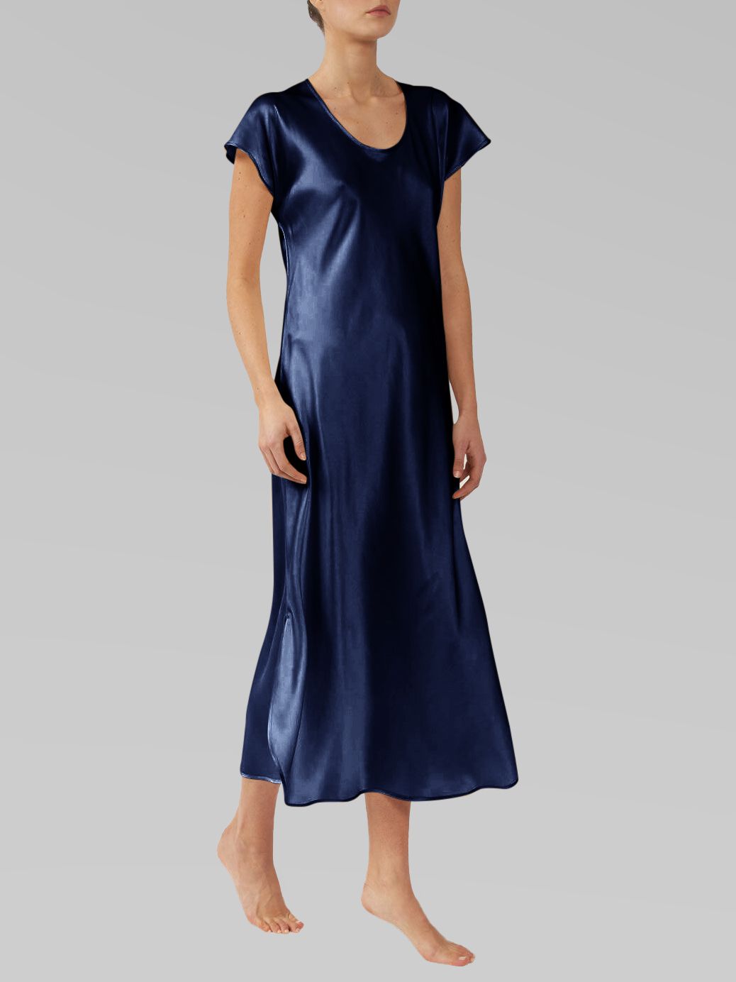 Luxury Cap Sleeve Round Neck Long Silk Nightdress with Slits